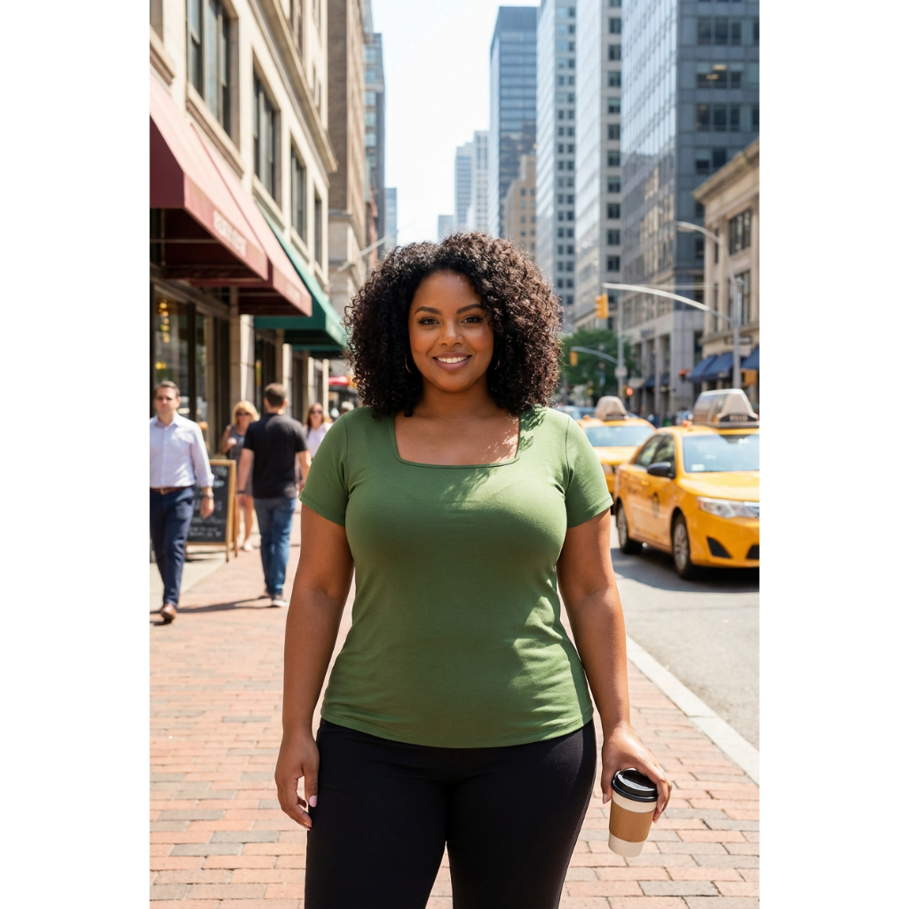 Blusa Plus Size Verde Militar Premium Estilosa Confort Linha Elite Gola Quadrada Manga Alta Luxo Top