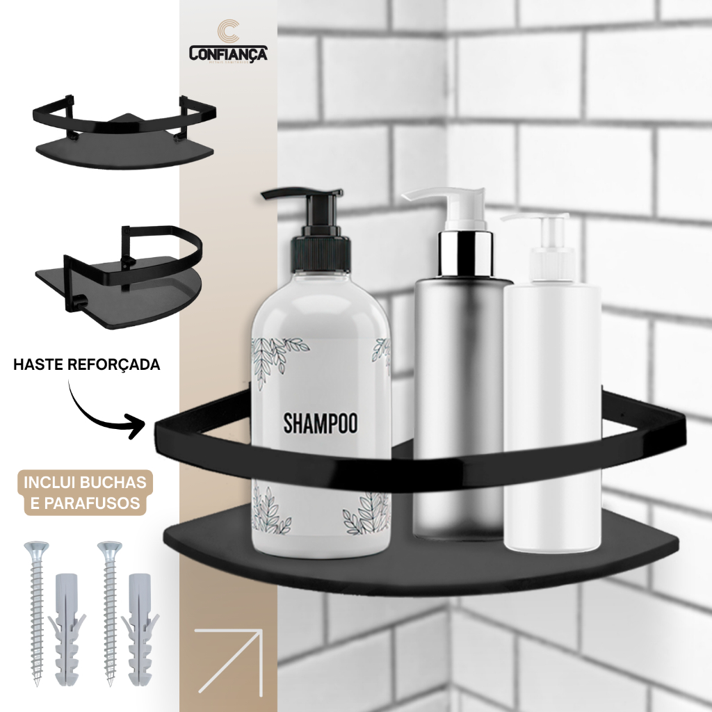 Porta Shampoo Prateleira Banheiro Suporte Vidro Temperado 6mm Haste Alumínio Canto Luxo Preto
