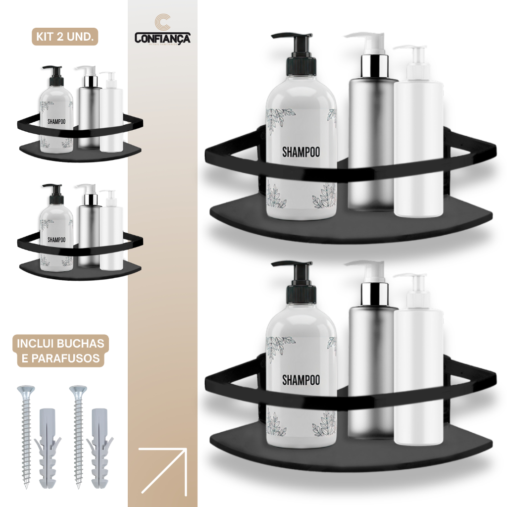 Kit 2 Porta Shampoo Prateleira Banheiro Suporte Vidro Temperado 6mm Haste Alumínio Canto Preto