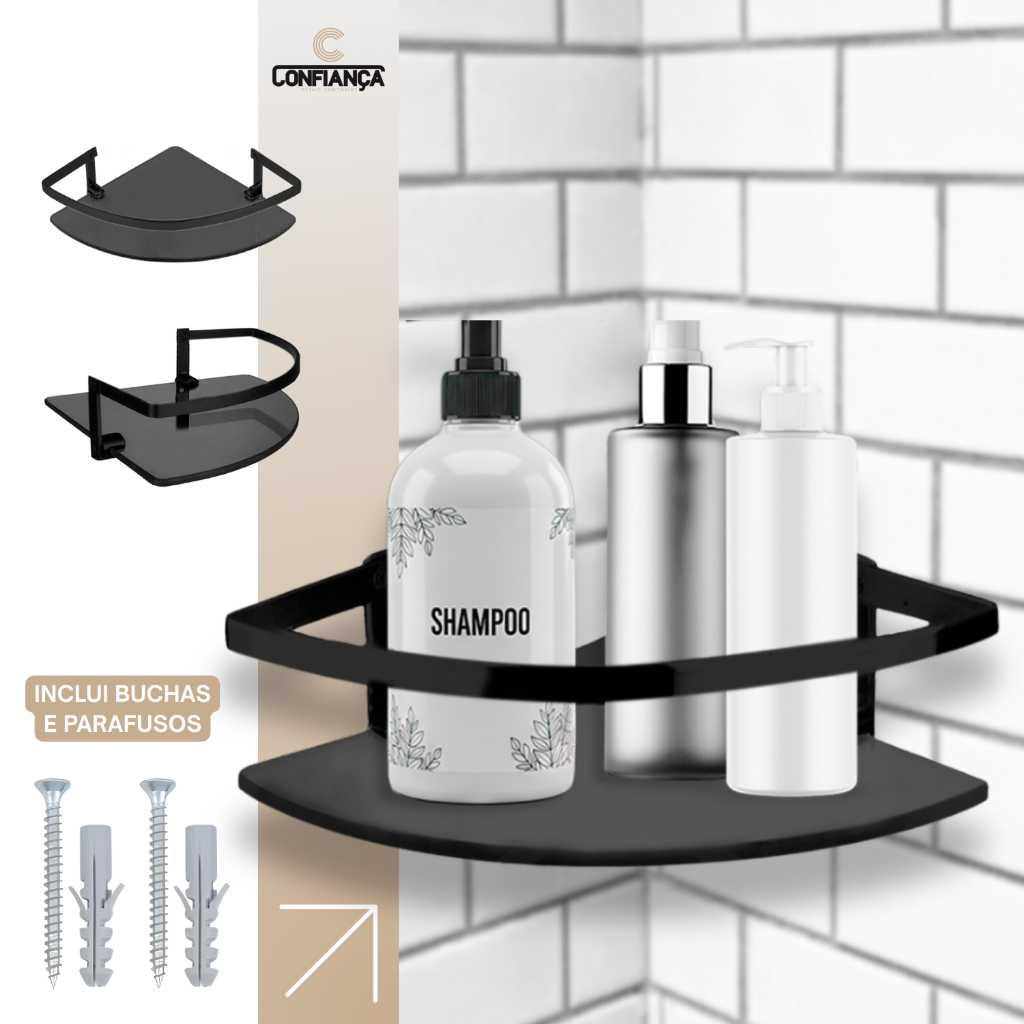 Porta Shampoo Prateleira Banheiro Suporte Vidro Temperado 6mm Haste Alumínio Canto Preto