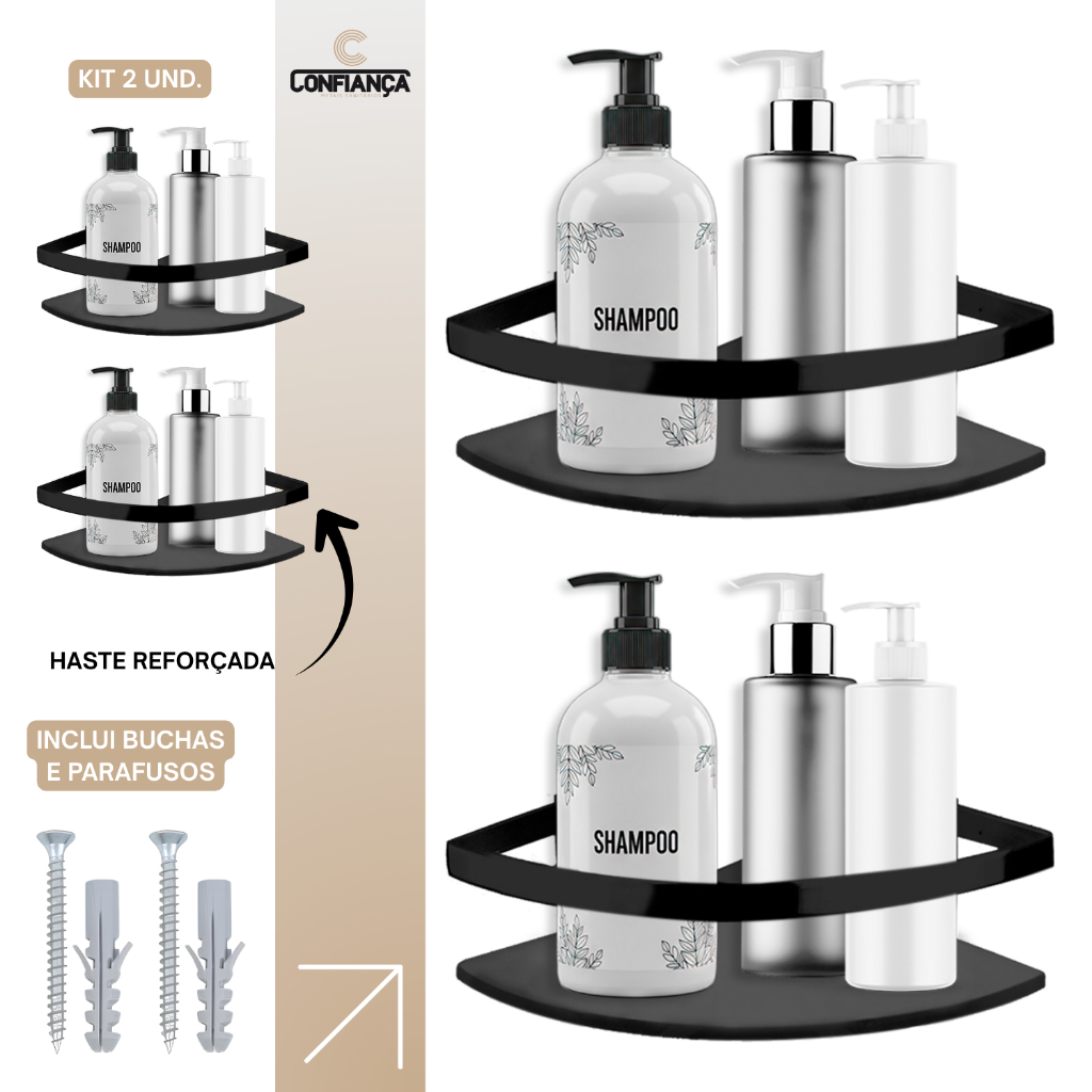 PORTA SHAMPOO PRATELEIRA BANHEIRO SUPORTE VIDRO TEMPERADO 6MM HASTE ALUMINIO CANTO LUXO KIT 2 UN