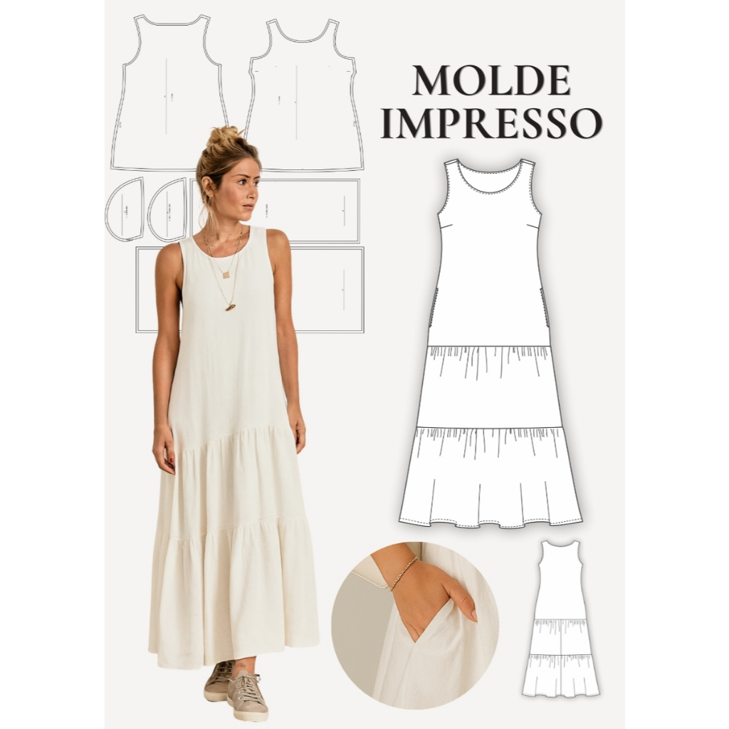 MOLDE EM PAPEL PARA COSTURA IMPRESSO VESTIDO REGATA COM BABADOS E BOLSOS PLUS SIZE AMÉLIA - MOLDELAGEM KRAFT