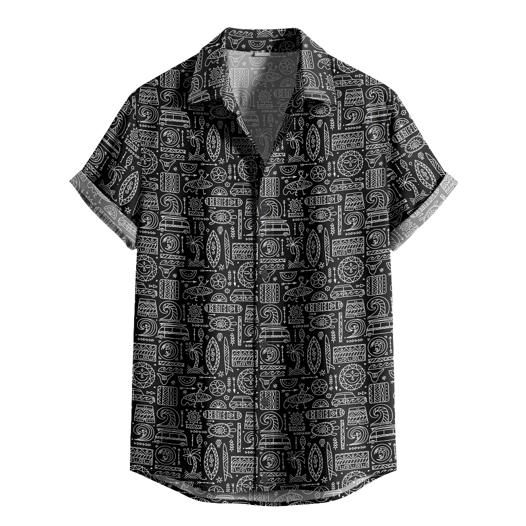 Camisa De Botão Preta Estilo Praia Indiano Noite Casual Surf Coqueiros Mar Peixe [Ref-283]