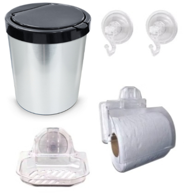 Super Kit Banheiro Cristal Daivak: Porta-Papel Com Tampa, Saboneteira Star , 2 Ganchos e Lixeira 10 L