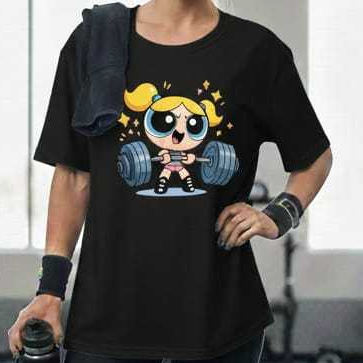 Camiseta Feminina Preta 100% Algodão Barra Super Poderosas Oversaized Academia Look Confortável