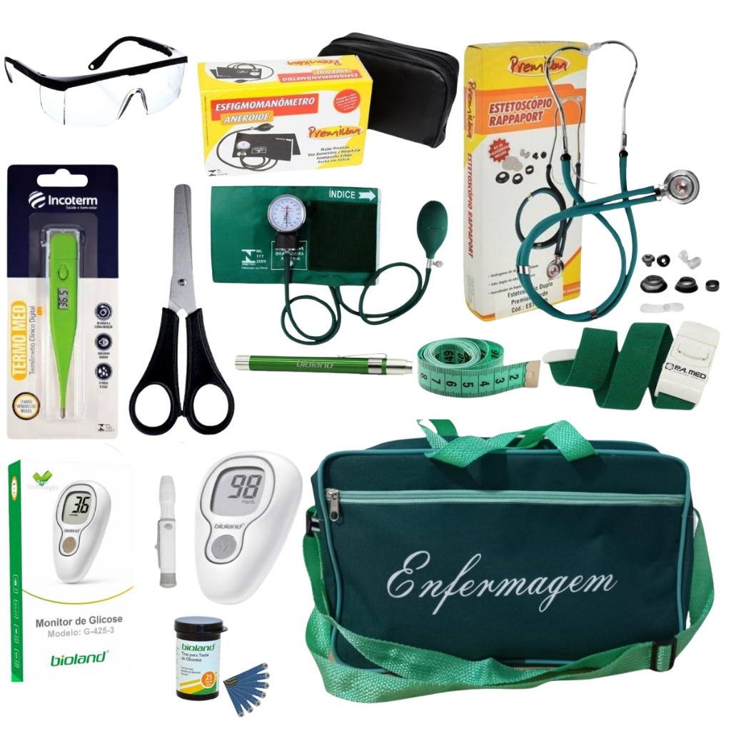 Kit de enfermagem verde com medidor de glicose e estetoscópio