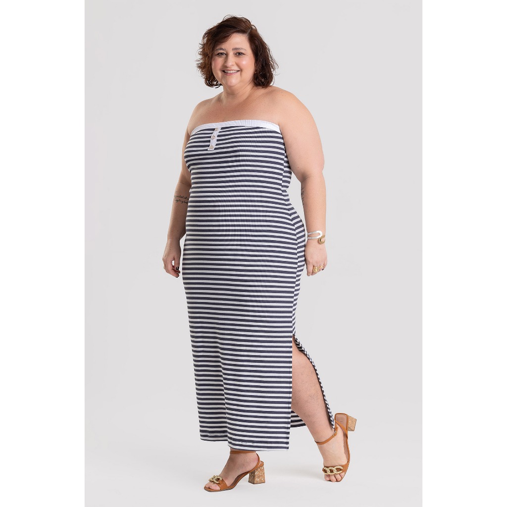 Vestido Feminino Plus Size Resort Tomara Que Caia Listrado - Coleção Celebrar