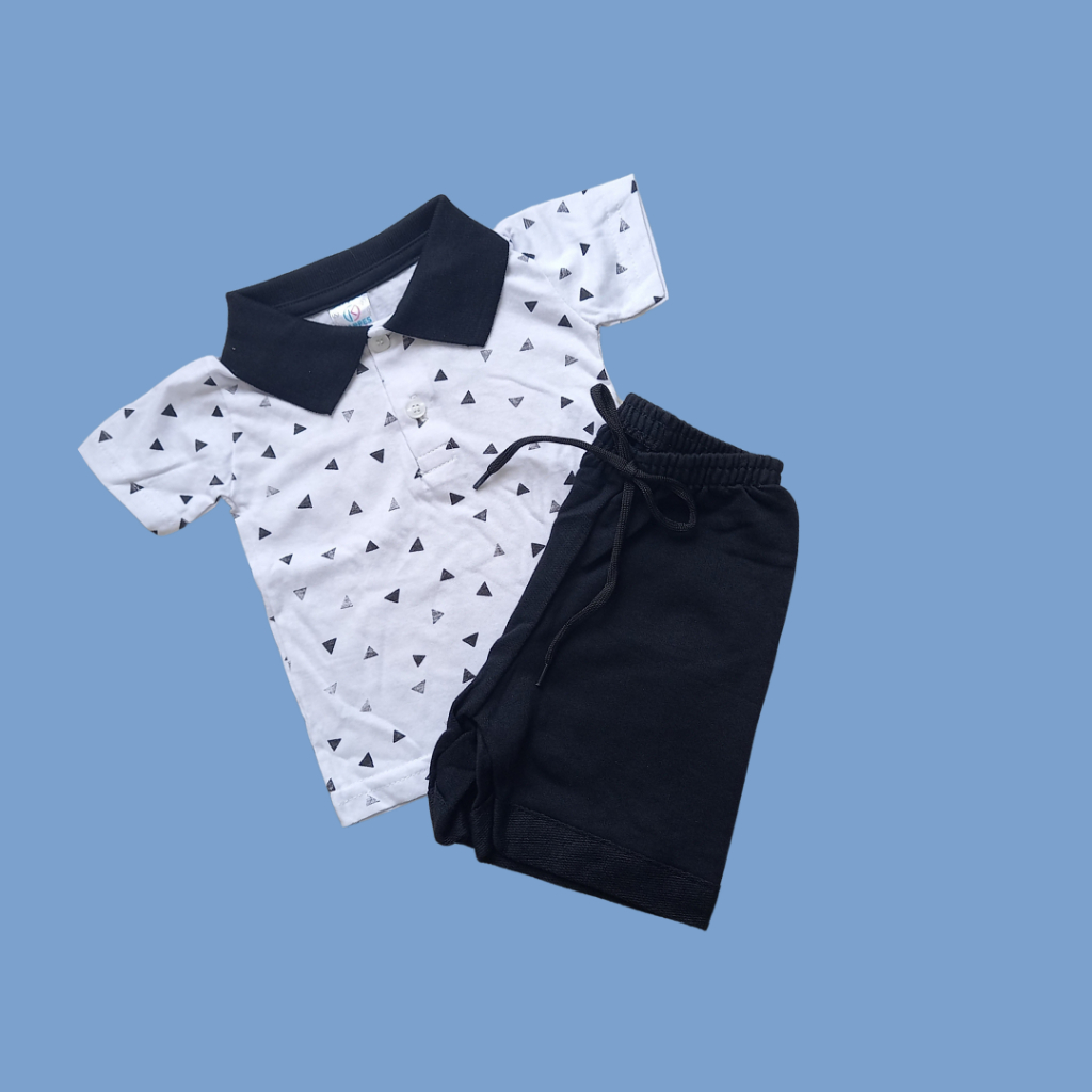 CONJUNTO DE GOLA POLO PARA BEBÊS E INFANTIL BLUSA BRANCA DE ALGODÃO COM BERMUDA CONFORTAVEL VERÃO
