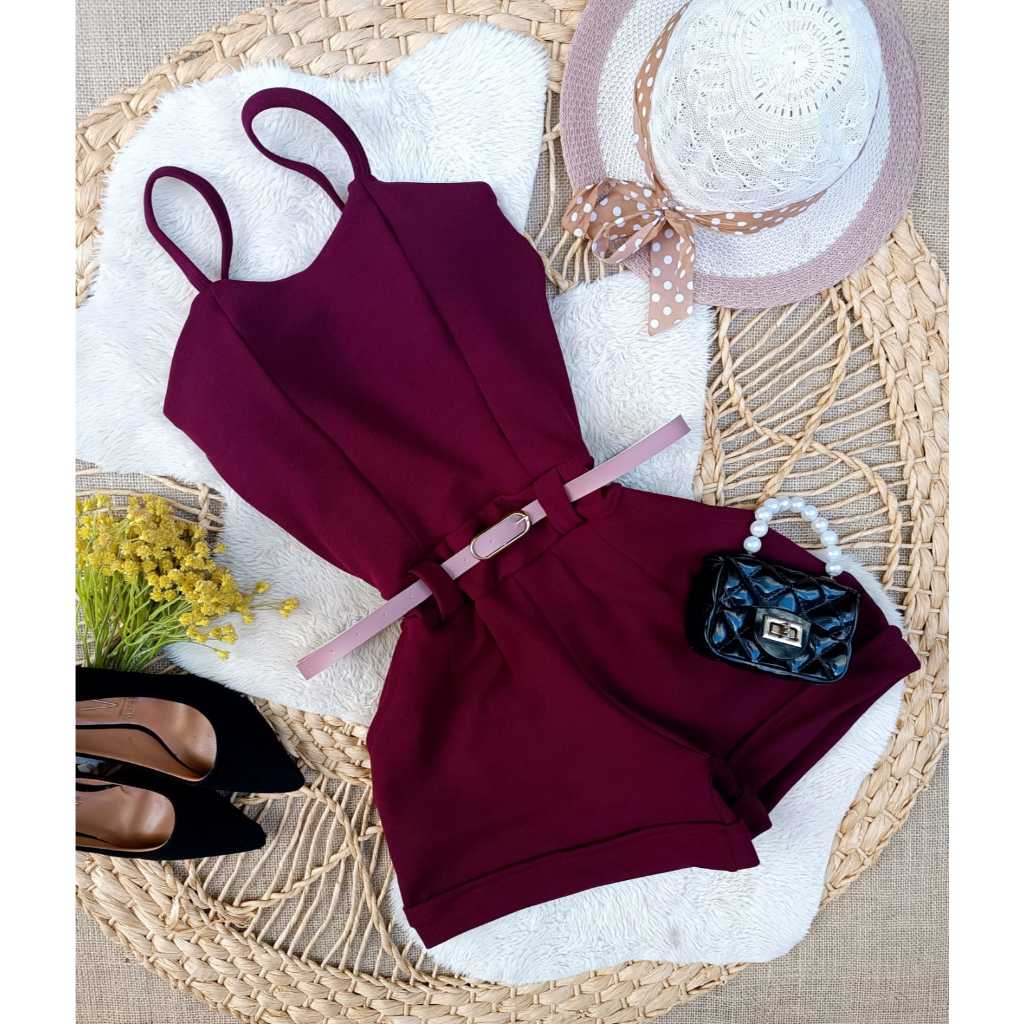 Macaquinho feminino com cinto valoriza o corpo em Oferta na Shopee