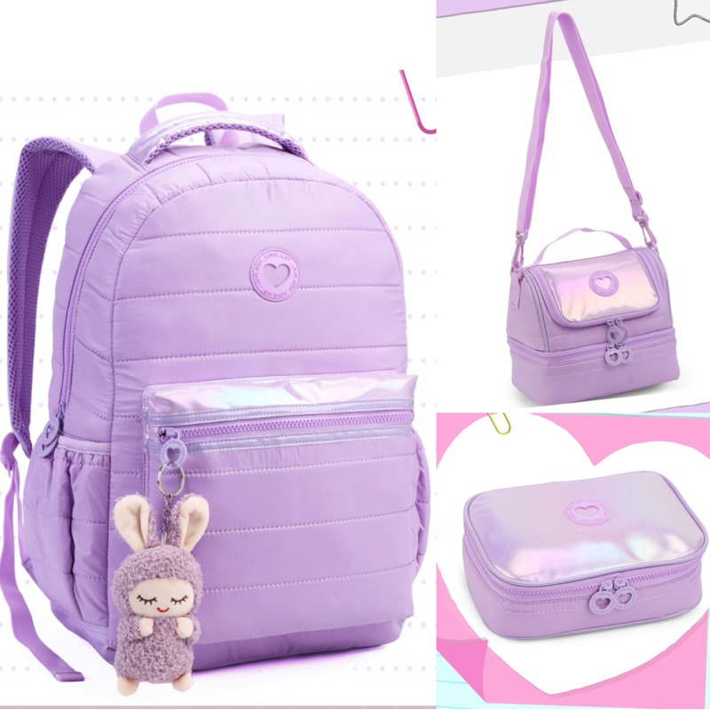 MOCHILA JUVENIL FEMININA LISO COM LANCHEIRA E ESTOJO ESCOLAR DENLEX em Oferta na Shopee