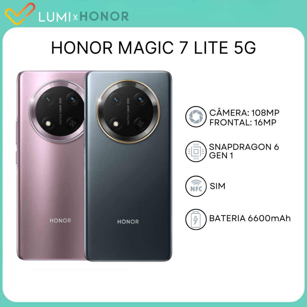 Honor Magic 7/8 Lite 5G , Versão Global, Câmera 108MP,  Processador Snapdragon 6 Gen 1,Bateria 6600mAh