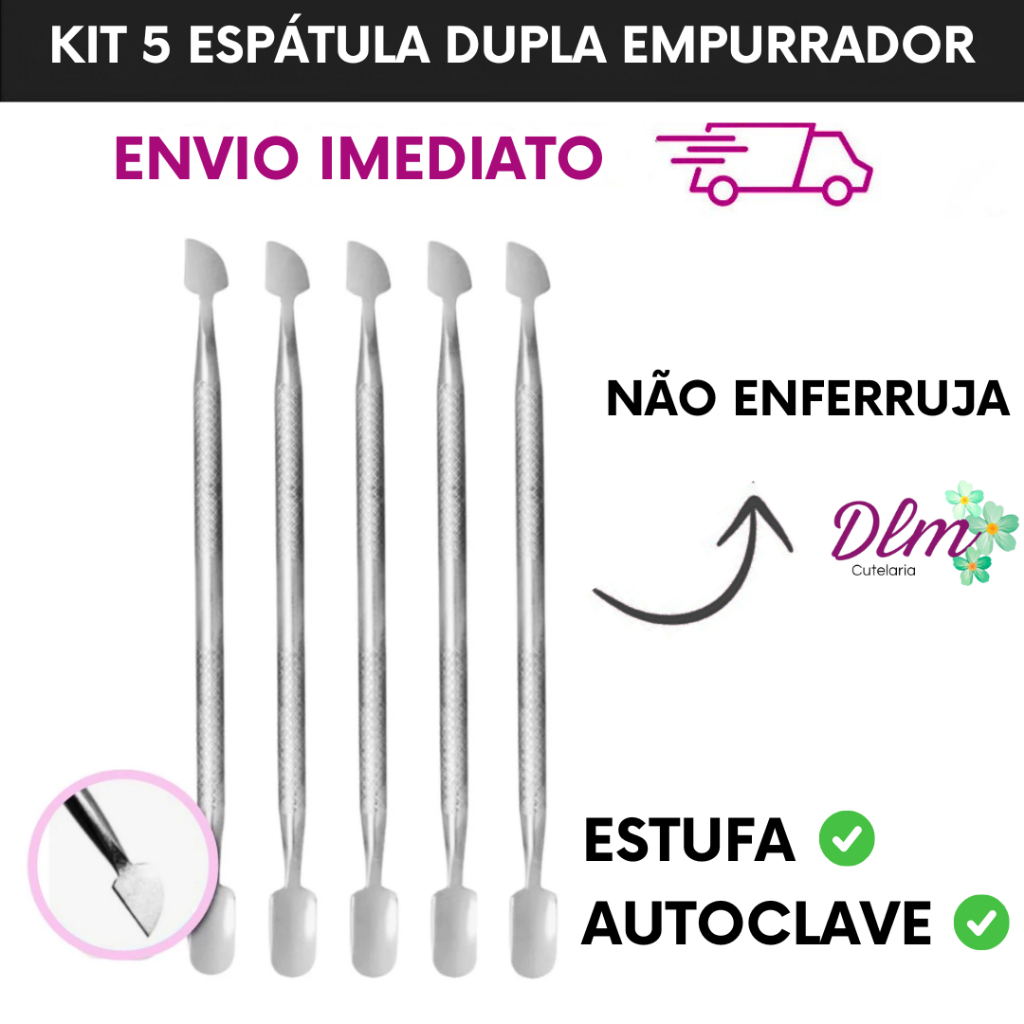 Kit 5 Espátula Dupla Empurrador Inox Profissional Manicure e Pedicuro Slim