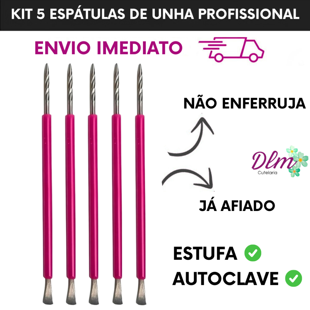 Kit COM  05 Espátulas  Bastão Mista Unha Inox Com Silicone ROSA Cutelaria Manicure