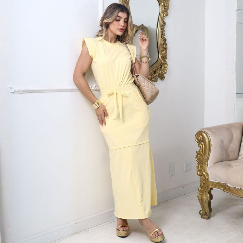 Conjunto Feminino Simony Casual Chic Saia Midi e Blusa Manga Japonesa Algodão com Elastano