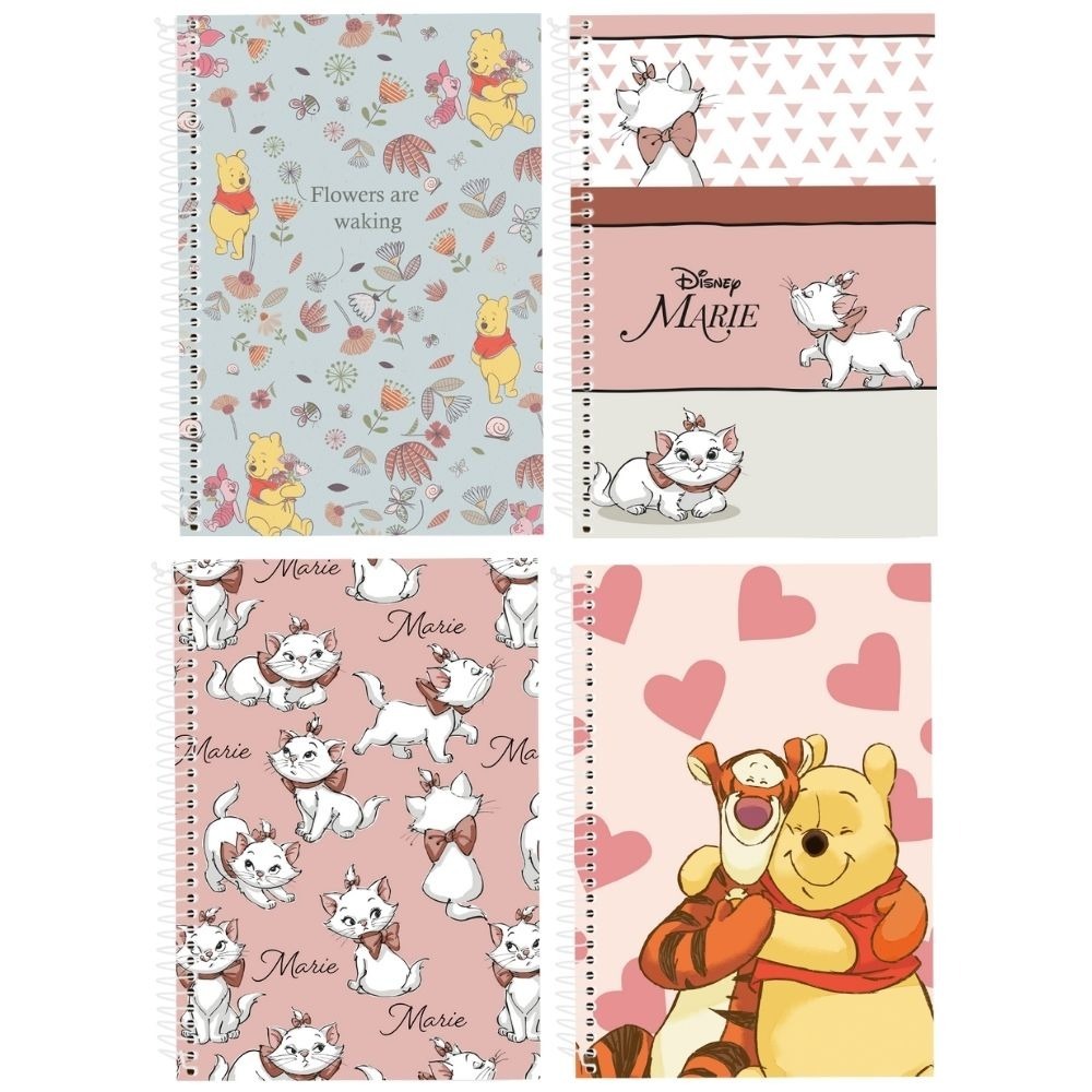 Caderno Universitário 10x1 160 Folhas Pooh ou Marie – Capa Dura, Espiral
