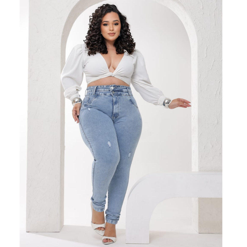 Calça Jeans Plus size Feminina Rasgadinho Com Lycra Cintura Alta Elastano Destroyed Cintura Alta Premium em Oferta na Shopee