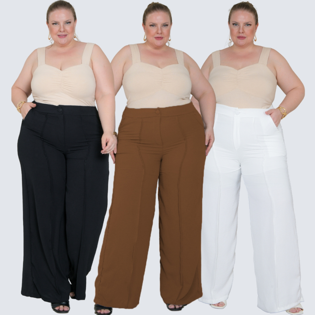 Calça Pantalona Plus Size Wide Leg Social Com Botão em Oferta na Shopee