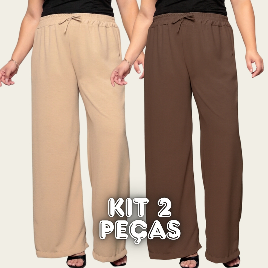 Kit 2 Calça Feminina Plus Size Pantalona de Amarrar Duna em Oferta na Shopee