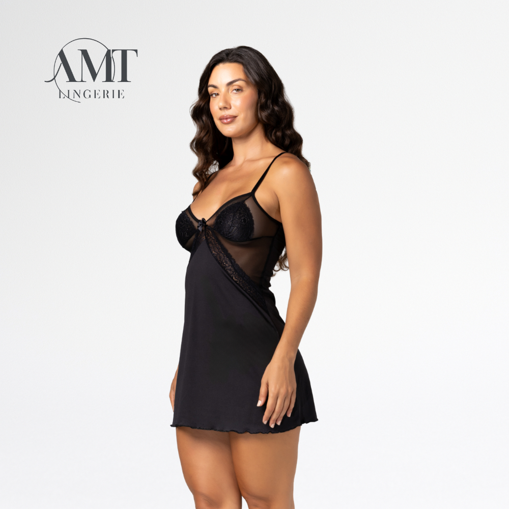 Camisola Sexy Feminina Renda e Tule Preto – Alças Finas Confortável | Lingerie Noite Luxo Sensual