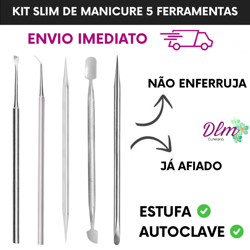 Kit Manicure Profissional 5 Itens Slim - Espátulas Palitos -  Aço Inox -  Pedicure e Podologia em Oferta na Shopee