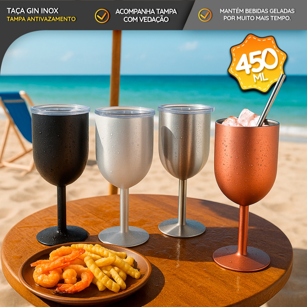 Taça Térmica 450ml  para Gin, Vinhos e Drinks –  Parede Dupla Aço Inox com Tampa Antivazamento em Oferta na Shopee