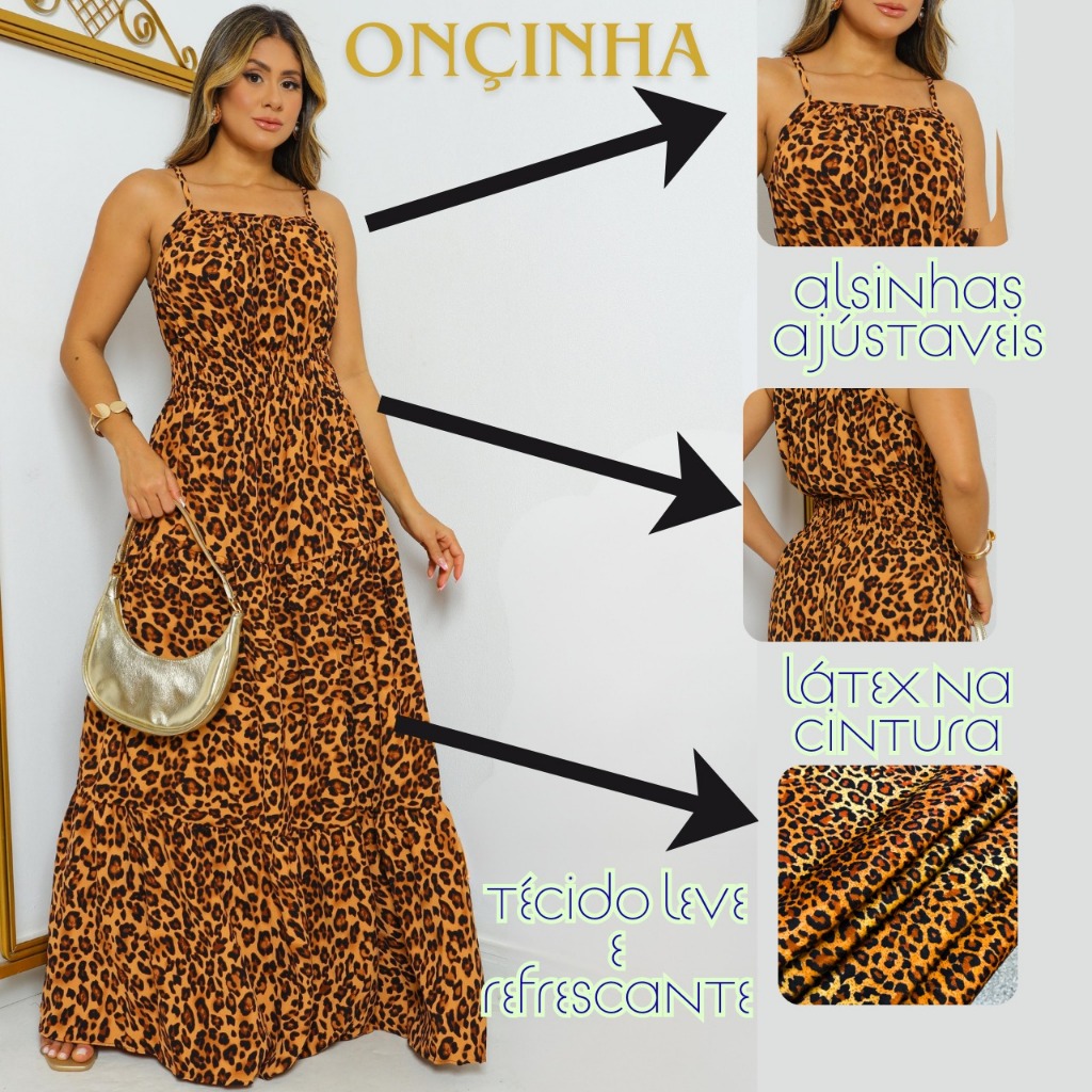 Vestido Longo Femenino Alsinha Ajústavel Onçinha Estampado com Élastico na cintura para marcar a cintura