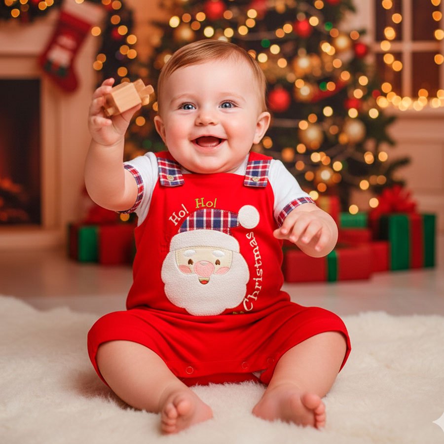 Conjunto Bebê Menino Natalino Jardineira com Camiseta Papai Noel Vermelho