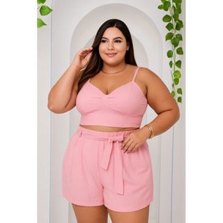Conjunto feminino Leeh Plus Size Cropped amarração, Short com cinto verão 2025/2026 elegante e confortável em Oferta na Shopee