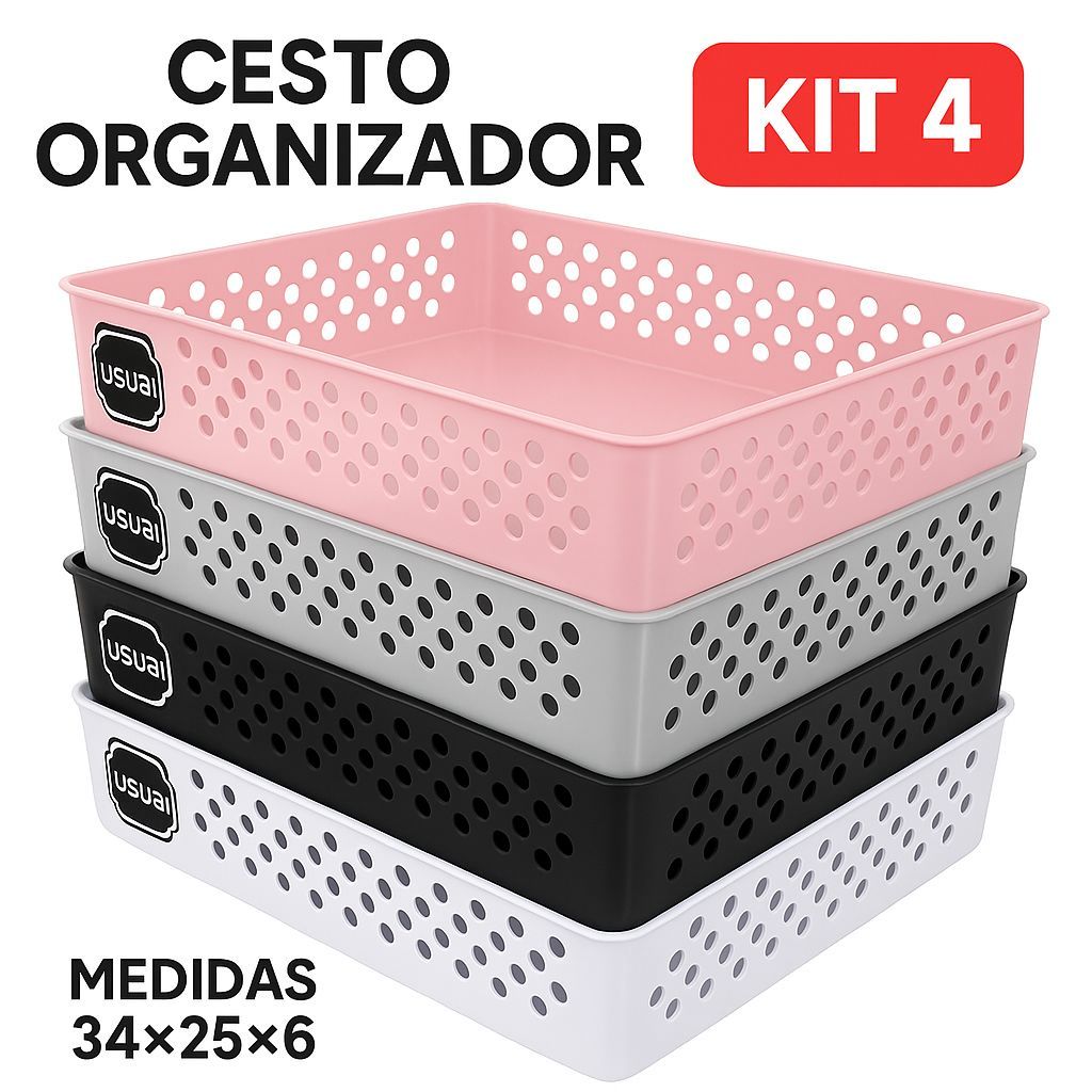 Kit 4 Cestos Organizadores G  34x25,5x6,5 Multiuso Gaveta Caixa Organizadora Usual Utilidades