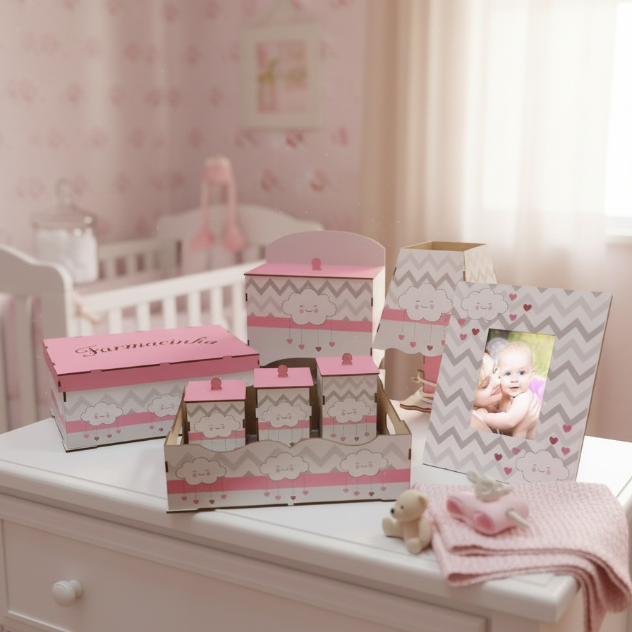 Kit Higiene Bebe Decorativo Personalizado Nuvem Rosa Maternidade Com Fiação Organizador em Oferta na Shopee