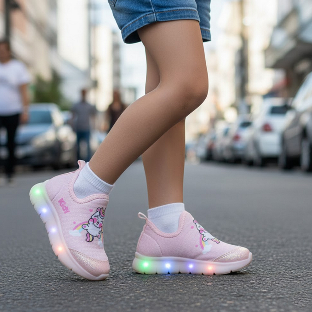 Tenis De Led Infantil Fácil de Calçar Confortável Meninas Unicornio Rosa Sem Cadarço - Kidy
