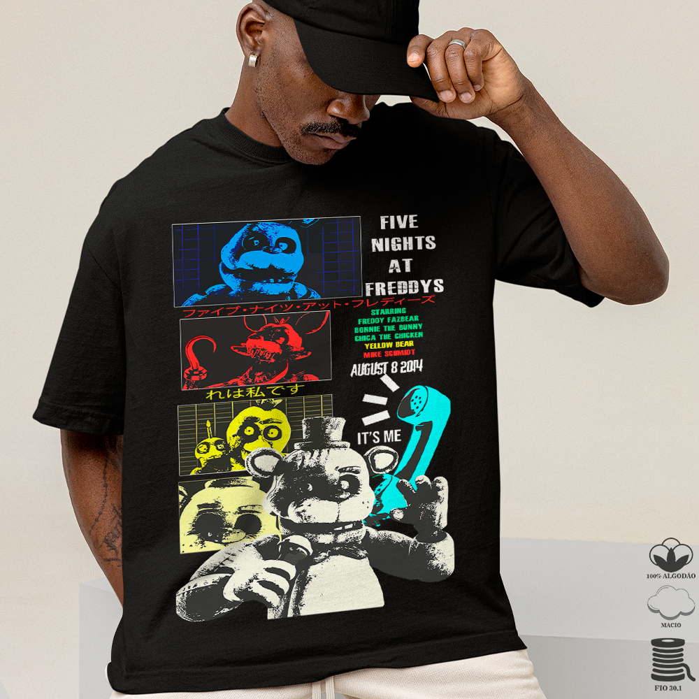 Camiseta Bàsica e Infantil Algodão Unissex Estampada Terror Cartoon Desenho Five Nights at The Freddy's Chica Bonnie Fox