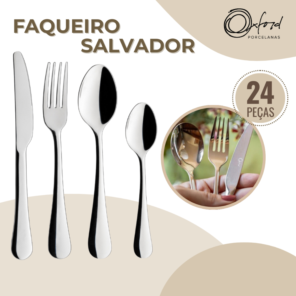 Jogo de Talheres Inox Garfo Faca Colher Faqueiro Profissional Oxford 24 Peças Salvador Buffet Restaurante