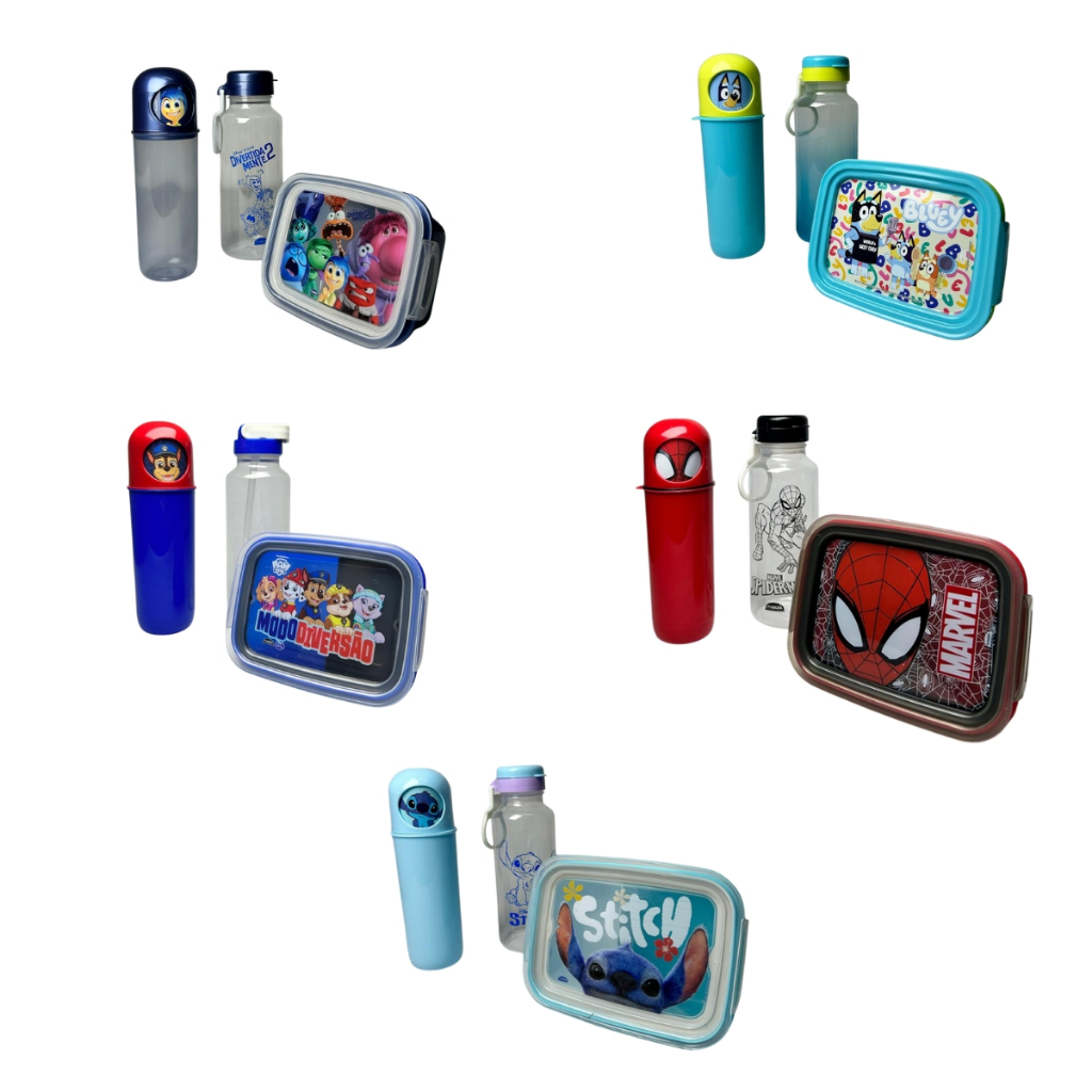 Kit Marmita Lancheira + Garrafa Infantil C/divisória Escolar Viagem Stitch Patrulha Canina Bluey Homem Aranha