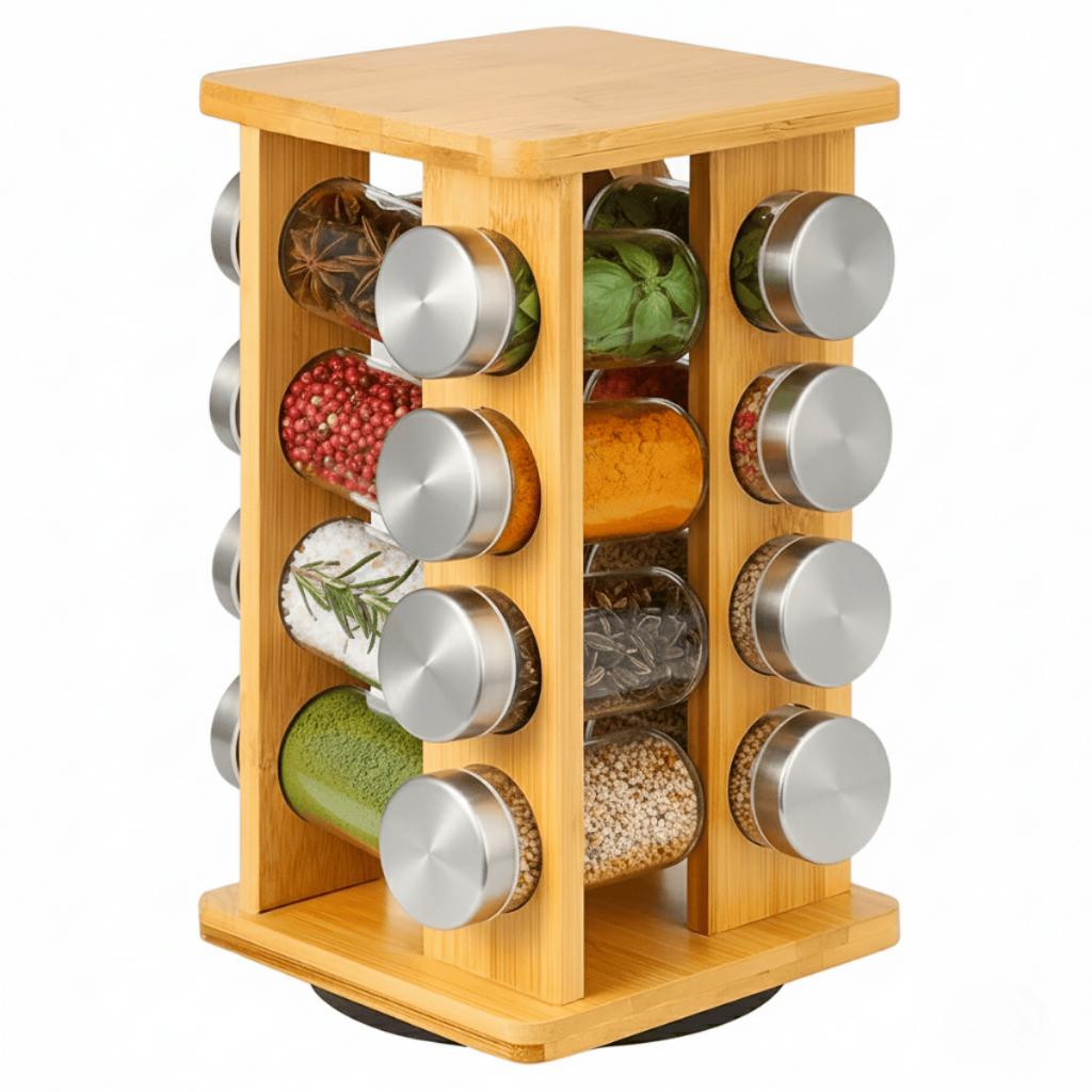 Kit 16 Porta Temperos de Bambu Giratório Potes de Vidro Organizador Condimentos Especiarias Cozinha em Oferta na Shopee
