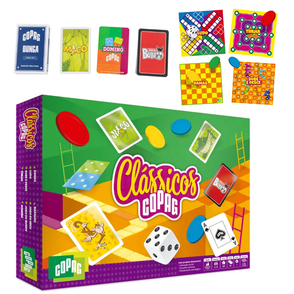 Jogo Copag Clássicos 8 em 1 Tabuleiros Cartas Dama Trilha Ludo Baralho Mico Dominó
