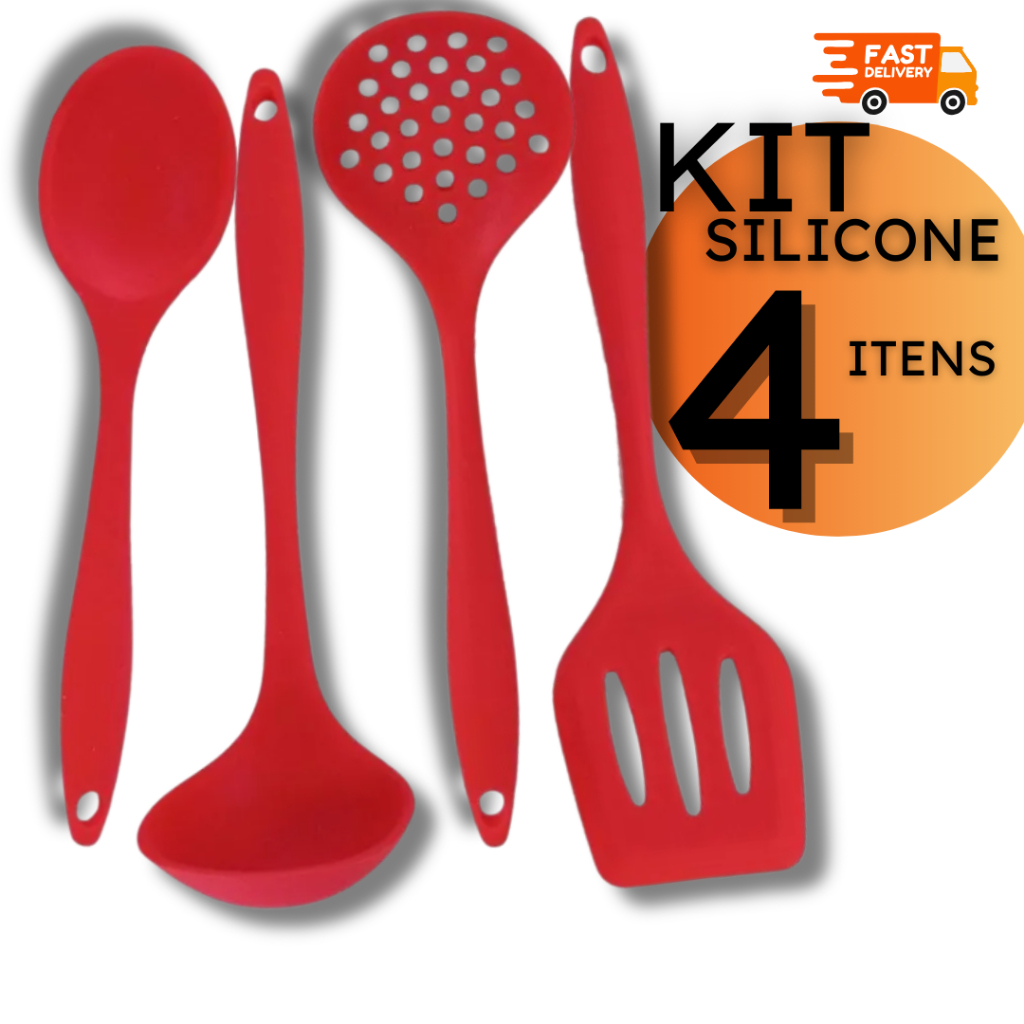 Kit Utensílios de Cozinha em Silicone – Colher, Concha, Escumadeira e Espátula (4 ou 8 Peças)