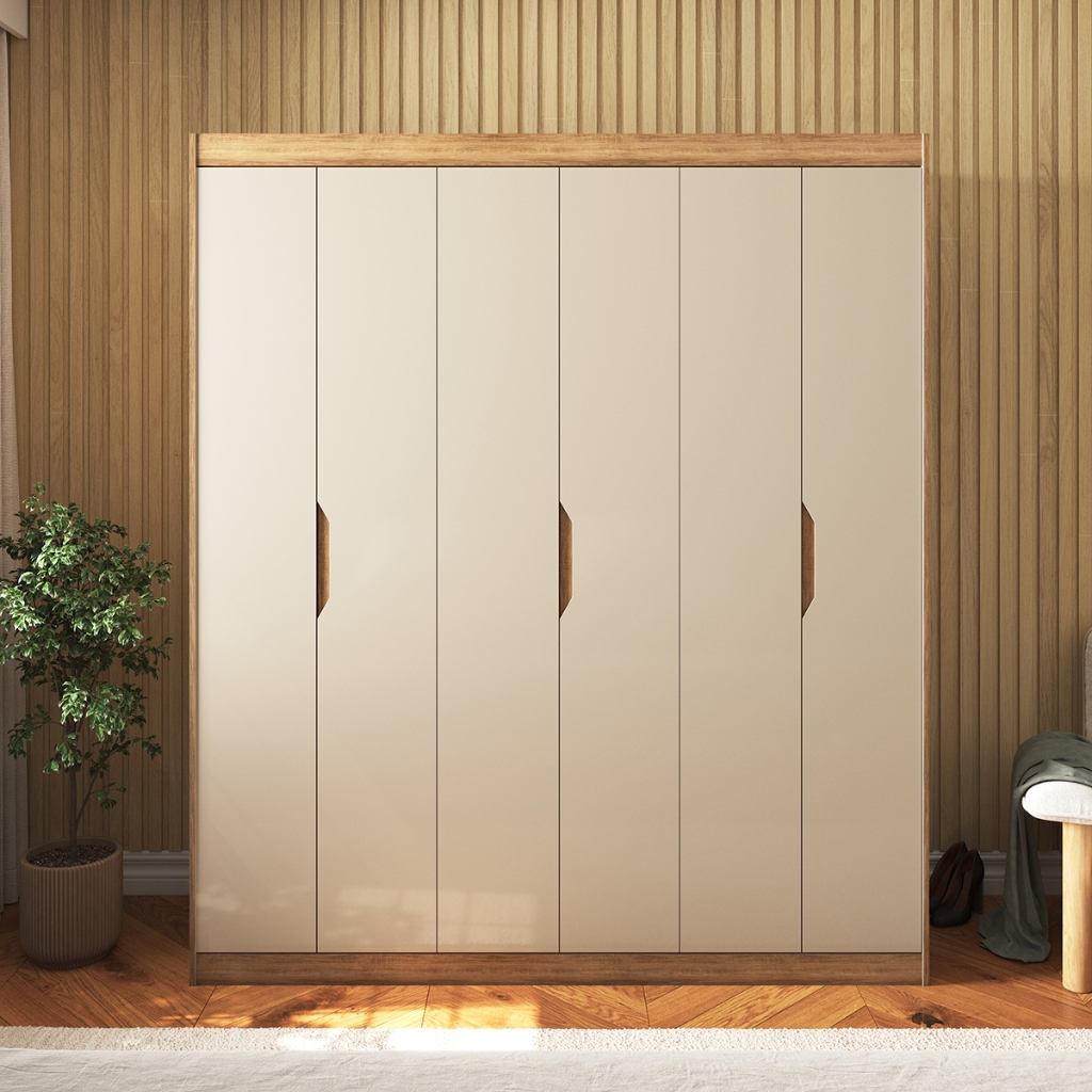 Roupeiro Alias Casal 170x147cm 6 Portas 2 Gavetas Design Retrô Puxador Cava Moderno Off White ou Cinza Industrial em Oferta na Shopee