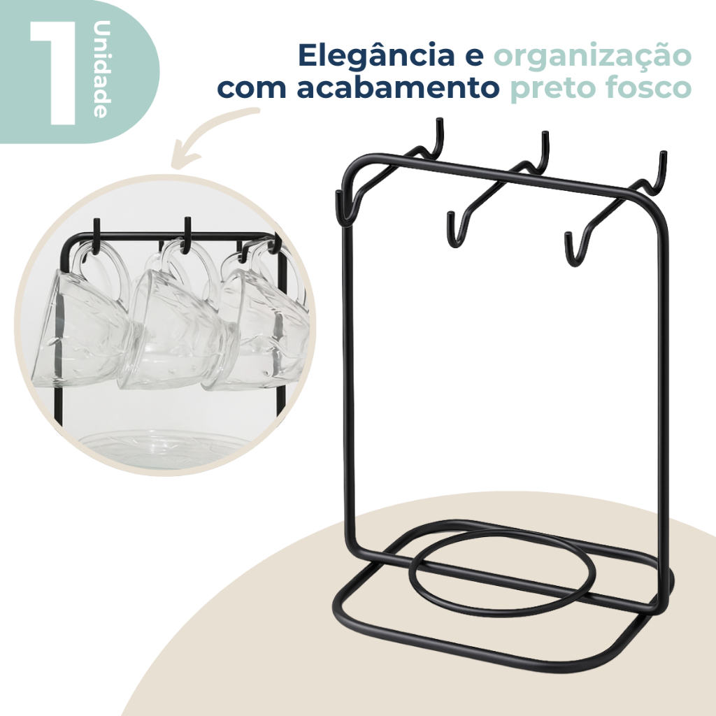 Suporte Organizador Porta Xícaras De Chá e Pires Com 6 Ganchos Preto Fosco Future