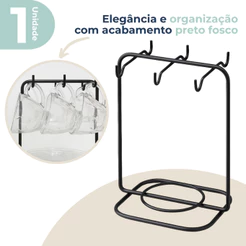 Suporte Organizador Porta Xícaras De Chá e Pires Com 6 Ganchos Preto Fosco Future