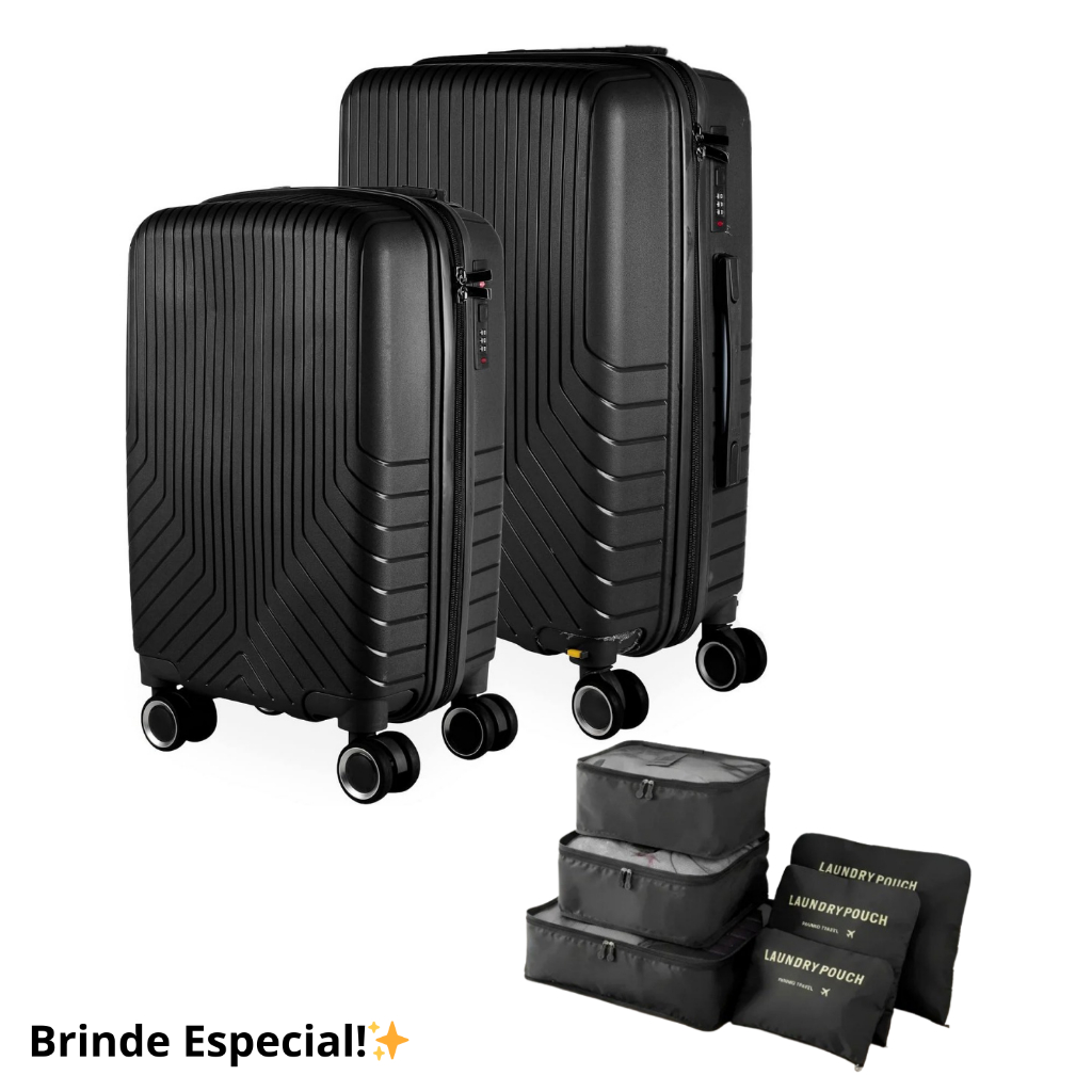 Kit Mala Bordo 10kg + Mala Média 23kg em Polipropileno – Linha Maldivas Ganhe 6 Organizadores de Mala;Envios