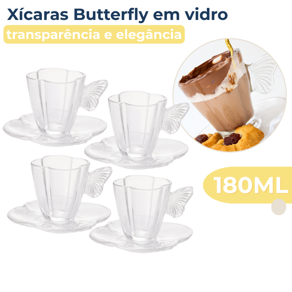 Jogo 4 Xícaras Chá Café Vidro Transparente Com Pires Butterfly Borboleta Wolff 180ml em Oferta na Shopee