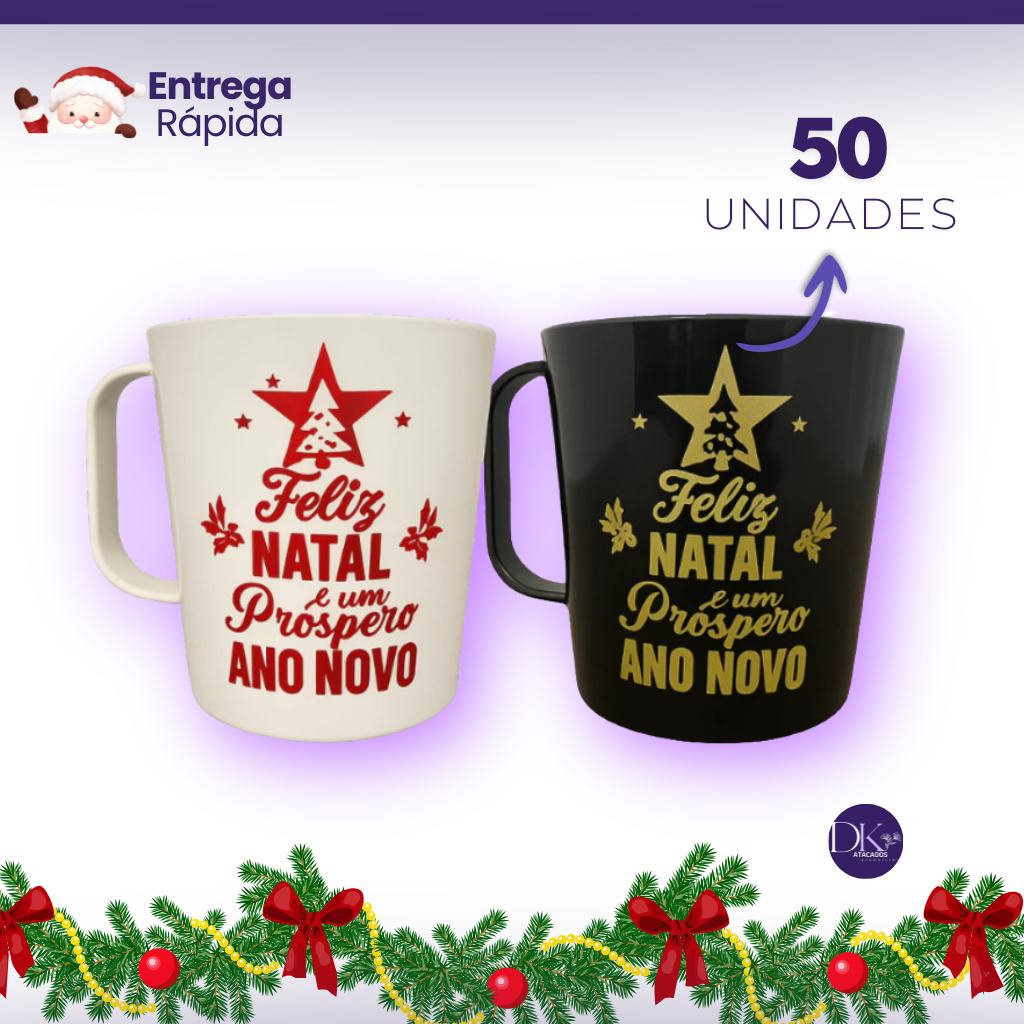 Kit 50 Canecas Feliz Natal Próspero Ano Novo 450ml Plástico