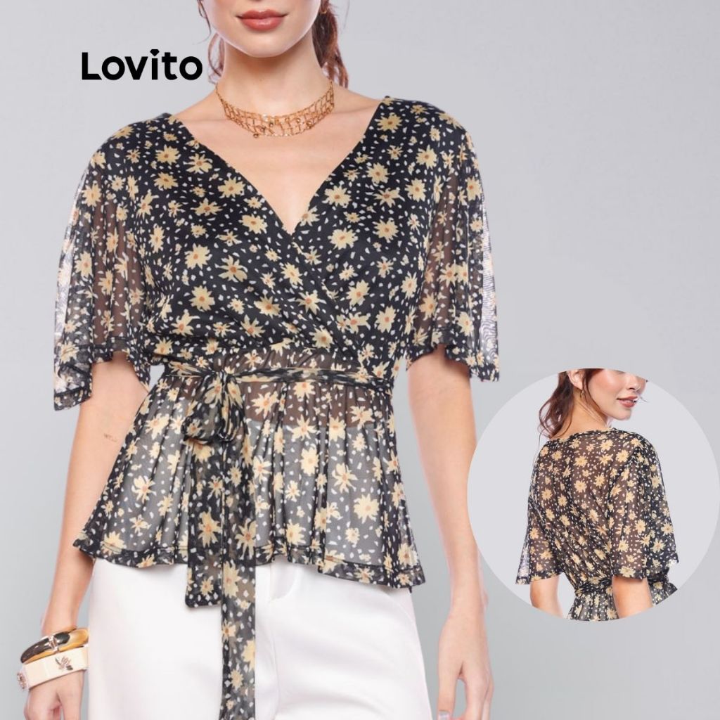 Lovito Blusa Tule Estampa Flores Amarração na Cintura Manga Curta Elegante Feminina  LB1339BRL1369 em Oferta na Shopee