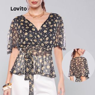Lovito Blusa Tule Estampa Flores Amarração na Cintura Manga Curta Elegante Feminina  LB1339BRL1369 em Oferta na Shopee