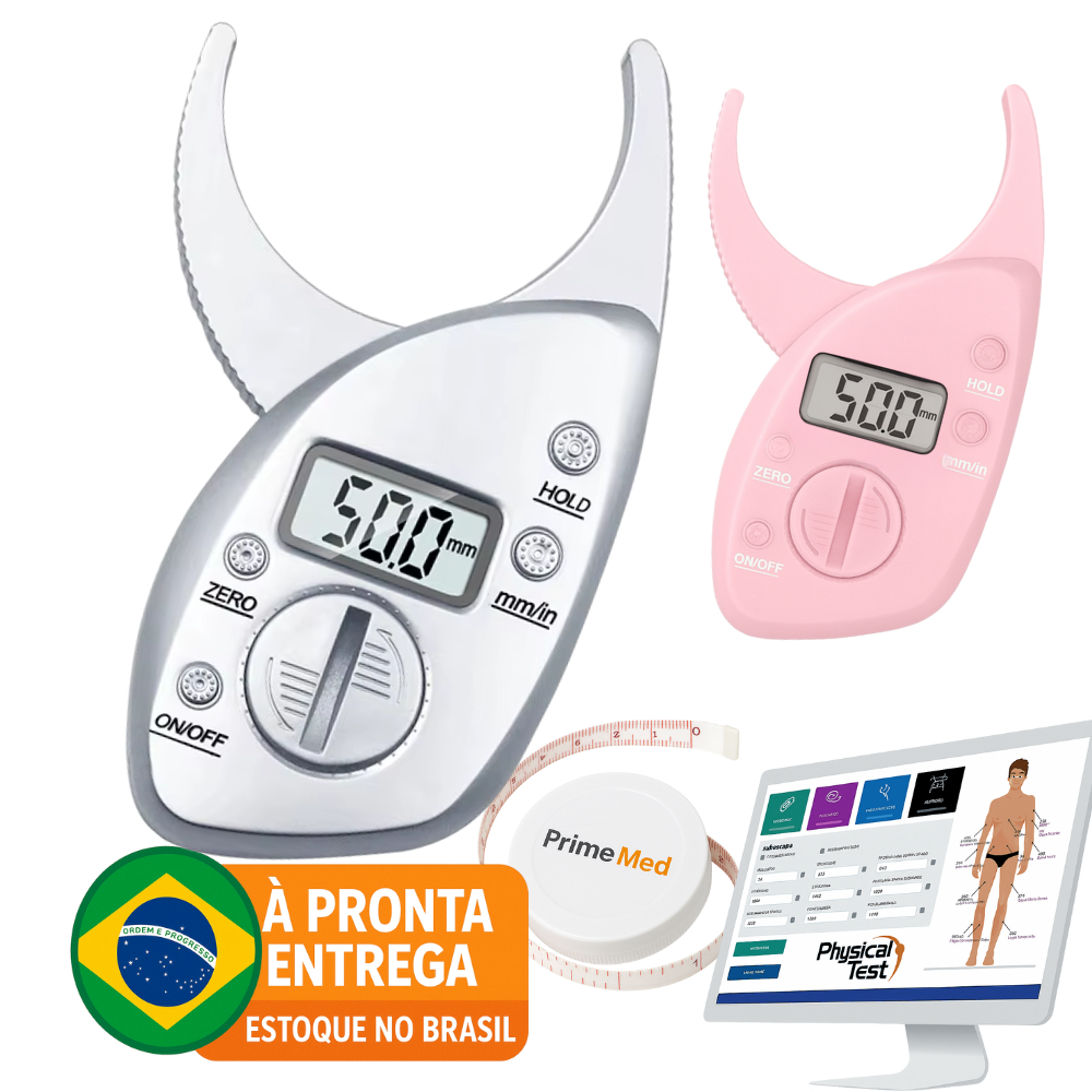 Adipômetro Digital Garantia (Nota Fiscal) + Trena Corporal - Sistema Avaliação Física - Rosa e Prata
