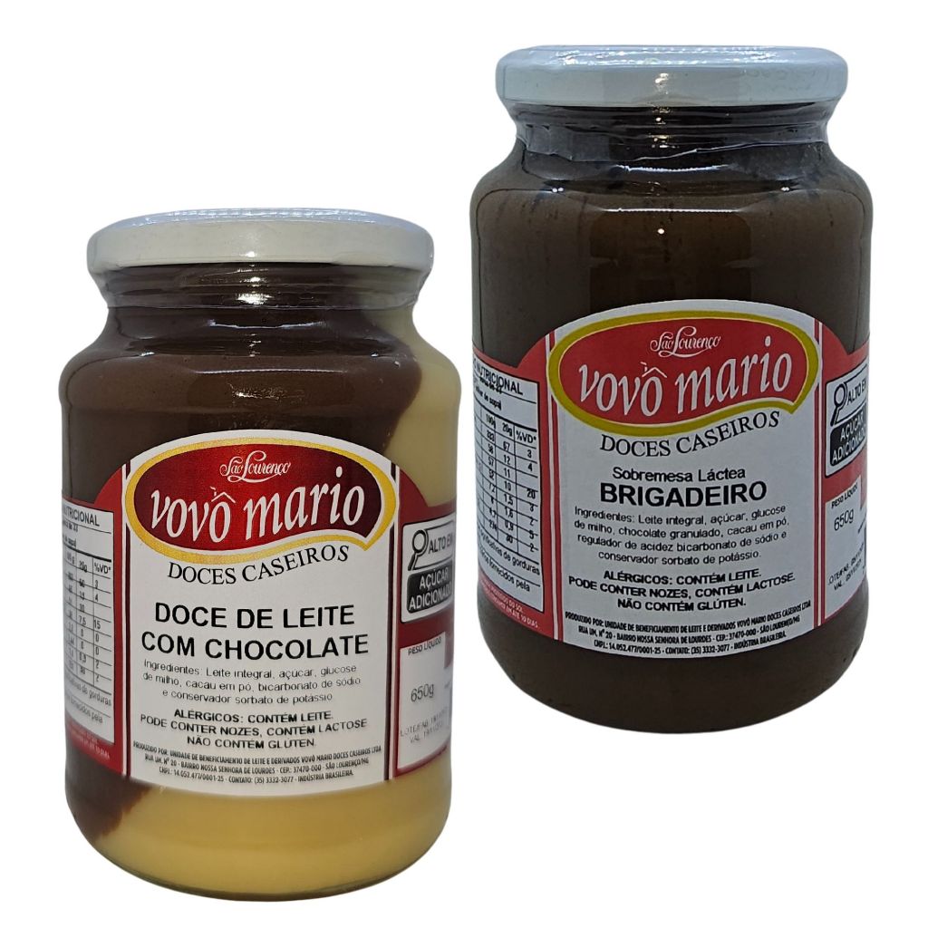 Doce de Leite com Chocolate e Brigadeiro de Colher Tradicional Pote 650g​ Vovô Mário Kit 2 unid