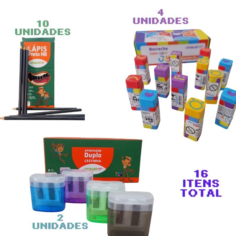 Kit Escolar Leo&Leo: 10 Lápis Preto HB escrever + 2 Apontador Duplo + 4 Borracha Colorida Infantil