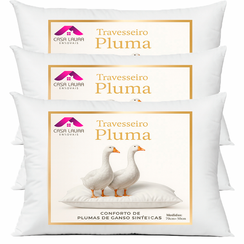 Kit 3 Travesseiro Pluma de Ganso Descanso Antiacaro 70x50cm Luxo Sintético