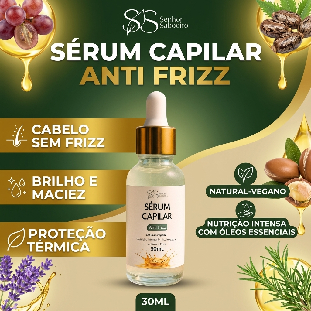 Frasco de 30ml de Sérum Capilar Anti Frizz da marca Senhor Saboeiro, posicionado no centro, cercado por ilustrações de ingredientes naturais como uvas, sementes de rícino, óleo de argan e ramos de alecrim, com texto destacando benefícios como proteção térmica e nutrição intensa.